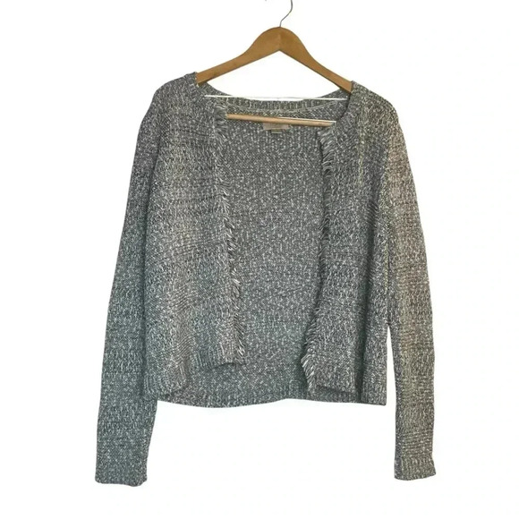 Ann Taylor LOFT Women's Sweater Blue White Fringe Open Front Cardigan Petite LG - Picture 2 of 9